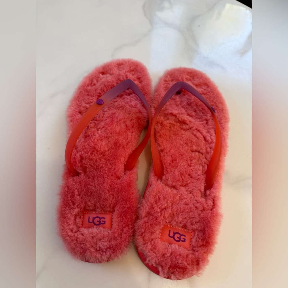 UGG Bright Coral Fluffy Slide Sandals - Picture 1 of 4
